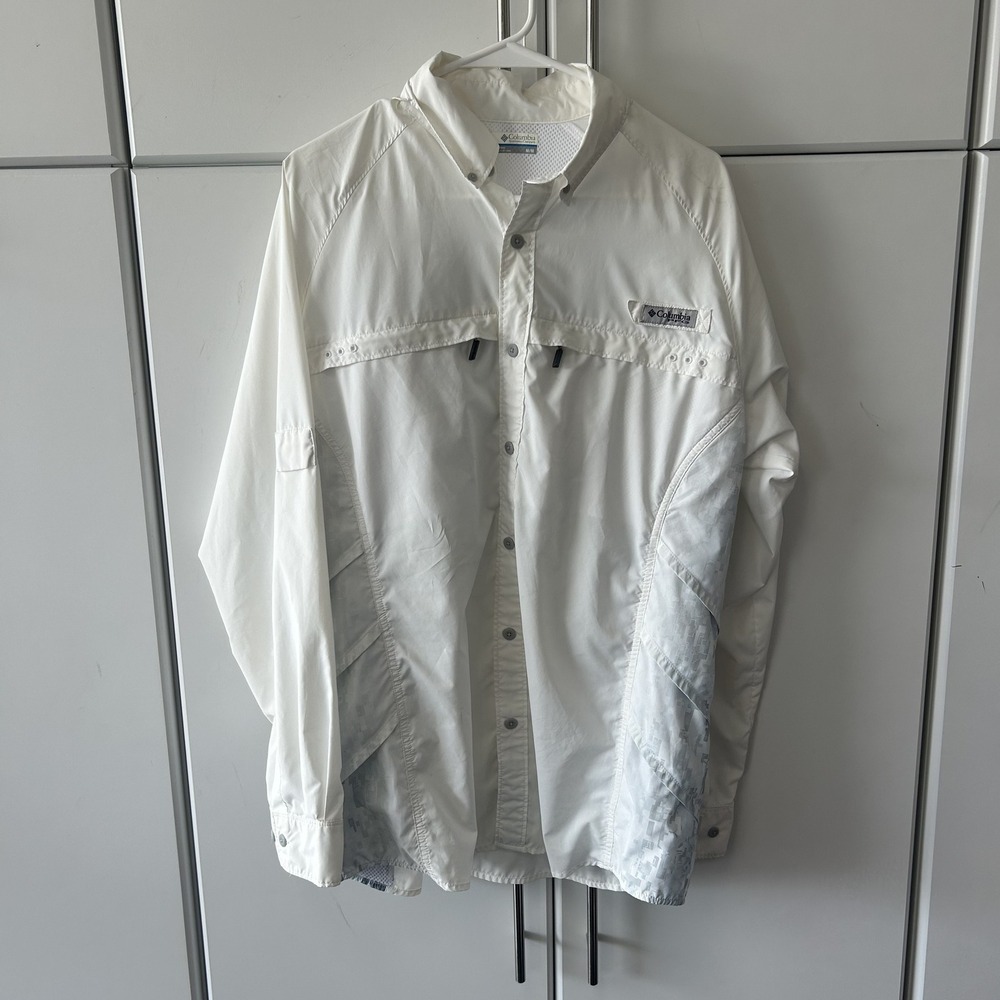 Columbia PFG Fishing Shirt Mens Medium White Digital Camo Long Sleeve Ventilated